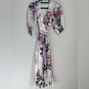 Ganni Printed Mesh Wrap Midi Dress Bright White Floral Size 36 or Small
